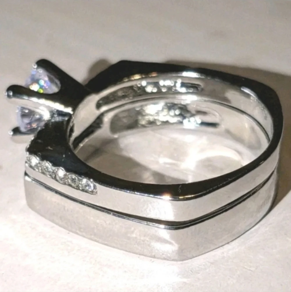 Mens Silver-Tone Clear Cubic zirconia Ring 2pc Set Sz 10